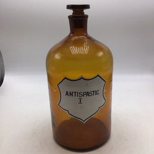 Apothecary Bottle Glass Amber Brown Stopper Label 10.75" Antispastic Antique Vtg